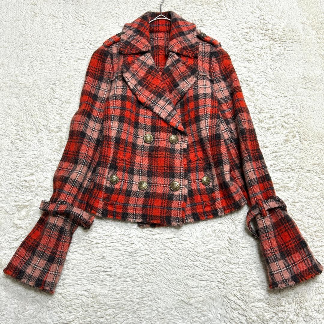 バーバリーブルーレーベル チェック柄 ウール ピーコート 刻印金ボタン