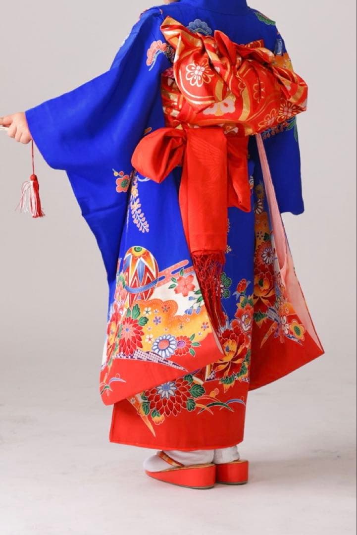 七五三 着物セット 青赤花柄　7歳