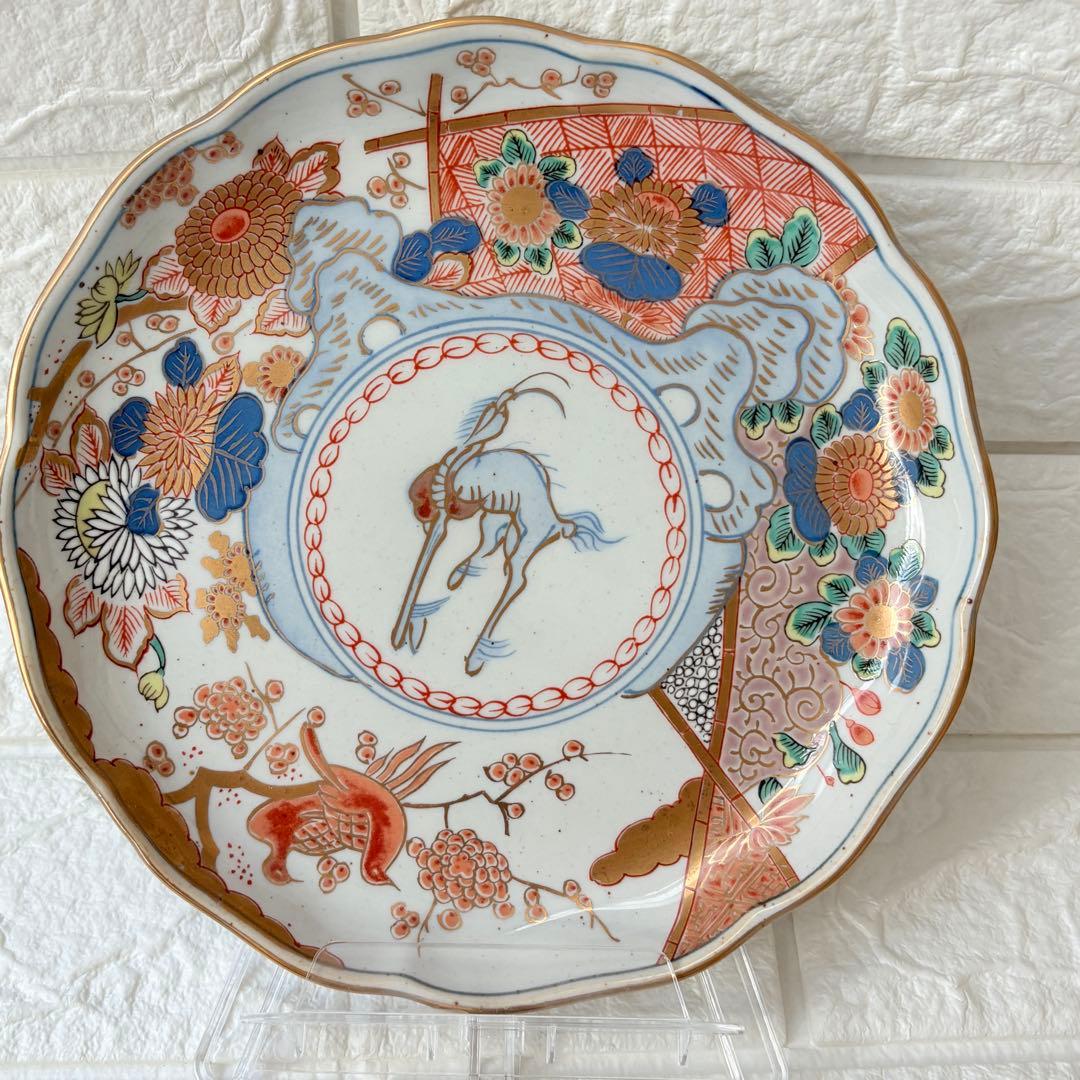 古伊万里　麒麟　キリン　年木谷窯　蒼峰作　鳥菊梅麒麟　盛り付け皿　4枚　金縁