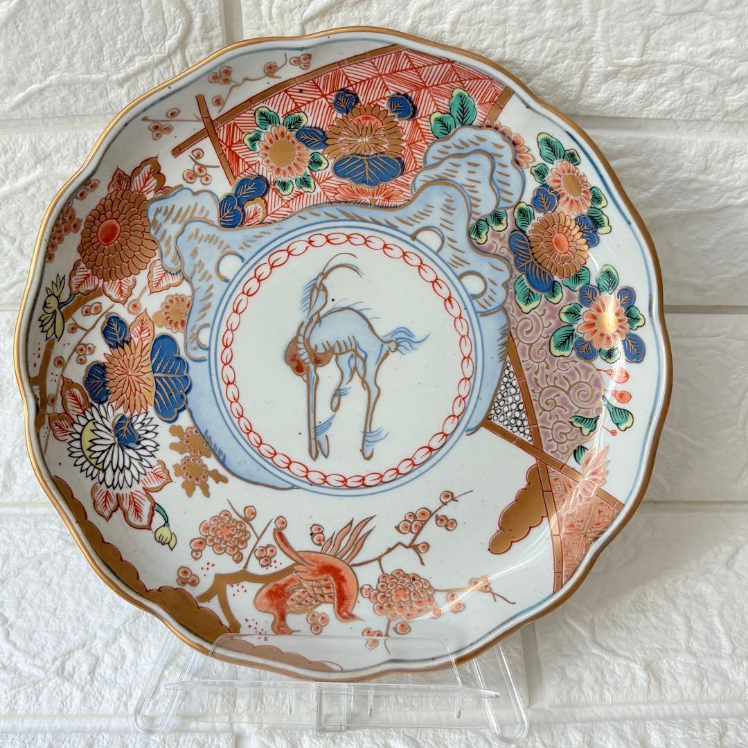 古伊万里　麒麟　キリン　年木谷窯　蒼峰作　鳥菊梅麒麟　盛り付け皿　4枚　金縁