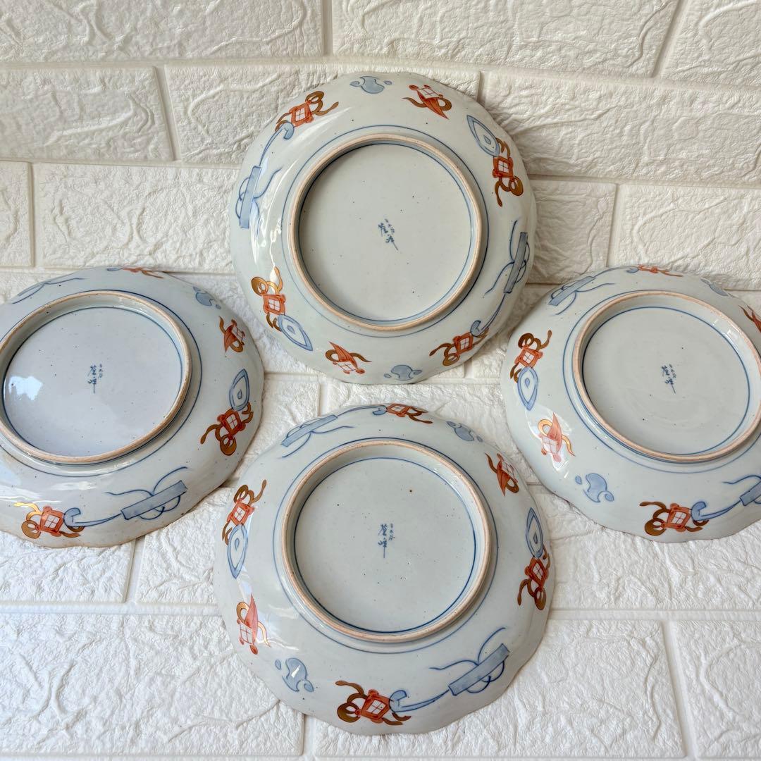 古伊万里　麒麟　キリン　年木谷窯　蒼峰作　鳥菊梅麒麟　盛り付け皿　4枚　金縁