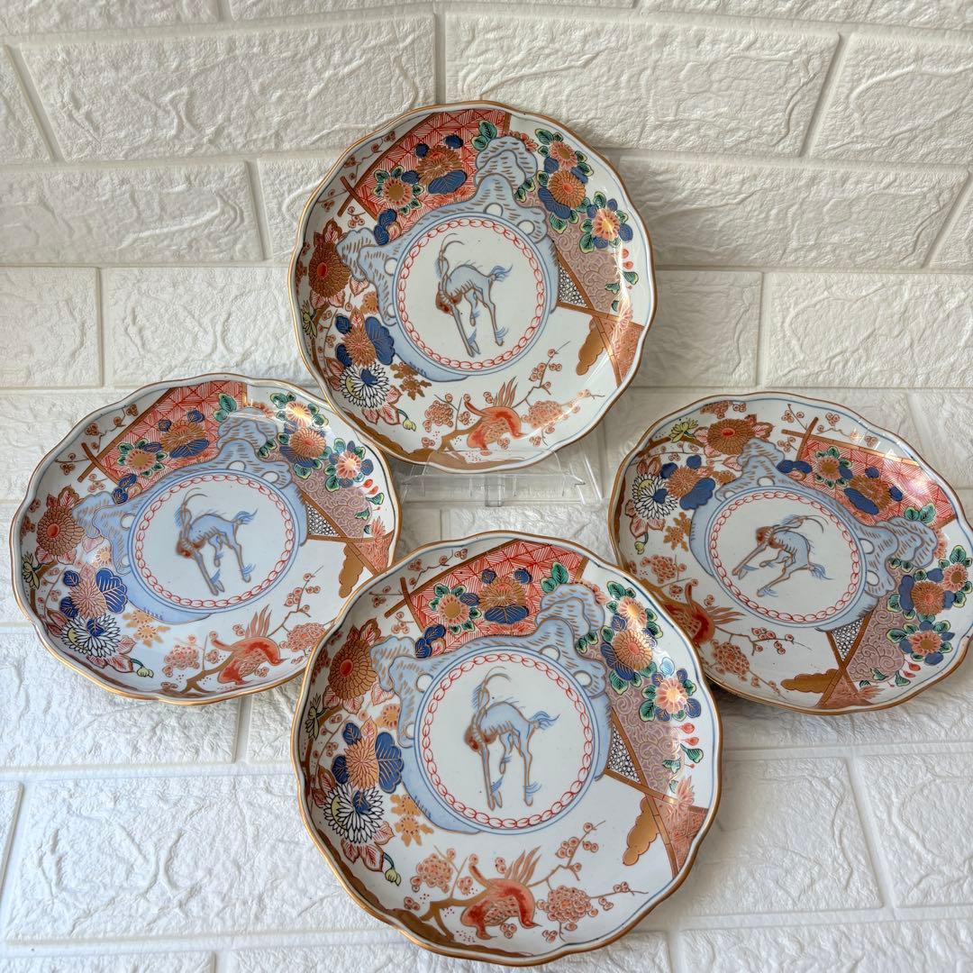 古伊万里　麒麟　キリン　年木谷窯　蒼峰作　鳥菊梅麒麟　盛り付け皿　4枚　金縁