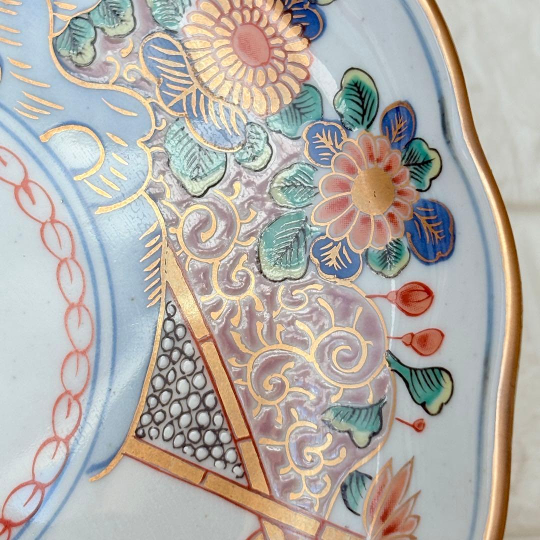 古伊万里　麒麟　キリン　年木谷窯　蒼峰作　鳥菊梅麒麟　盛り付け皿　4枚　金縁