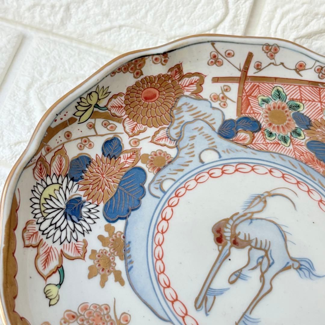 古伊万里　麒麟　キリン　年木谷窯　蒼峰作　鳥菊梅麒麟　盛り付け皿　4枚　金縁