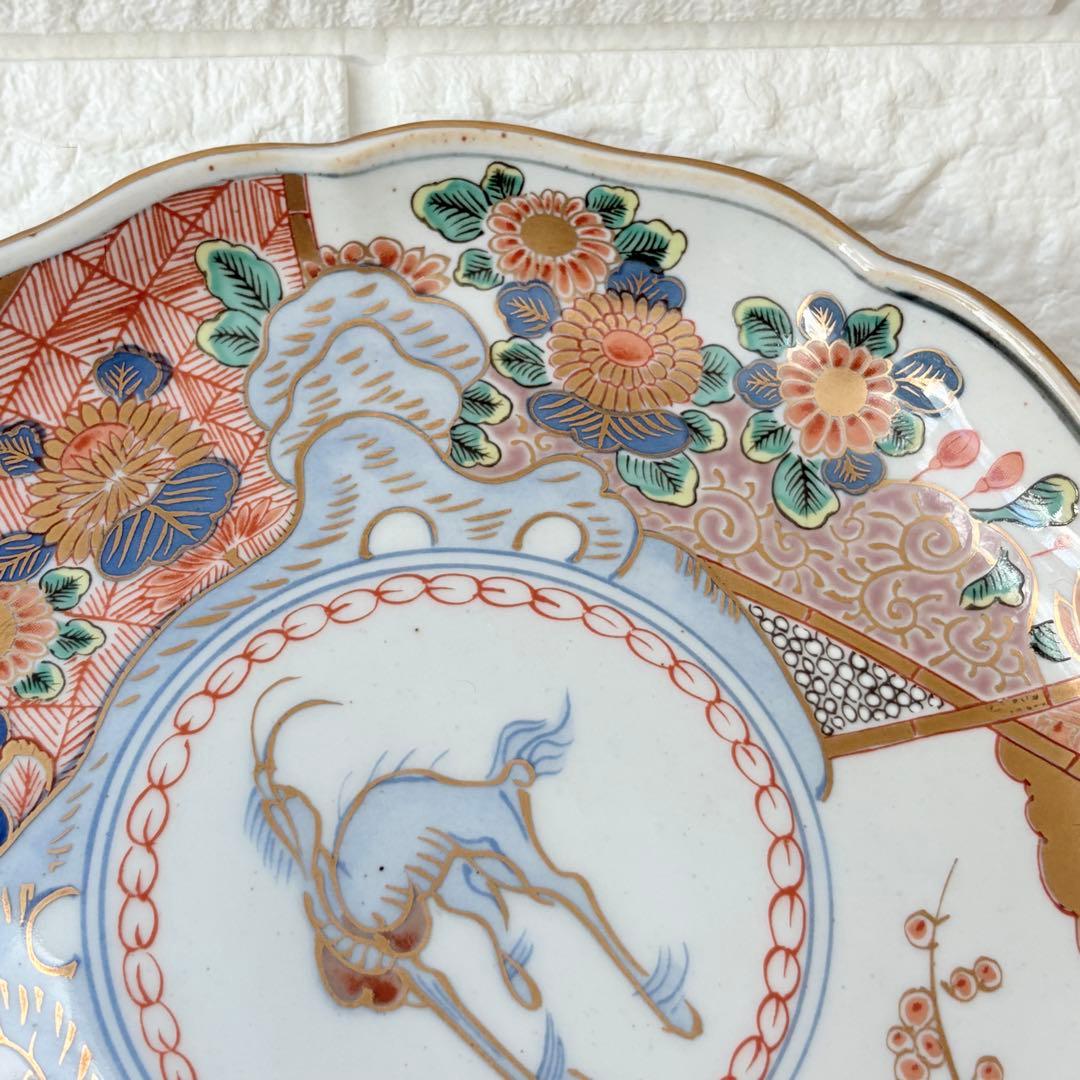 古伊万里　麒麟　キリン　年木谷窯　蒼峰作　鳥菊梅麒麟　盛り付け皿　4枚　金縁