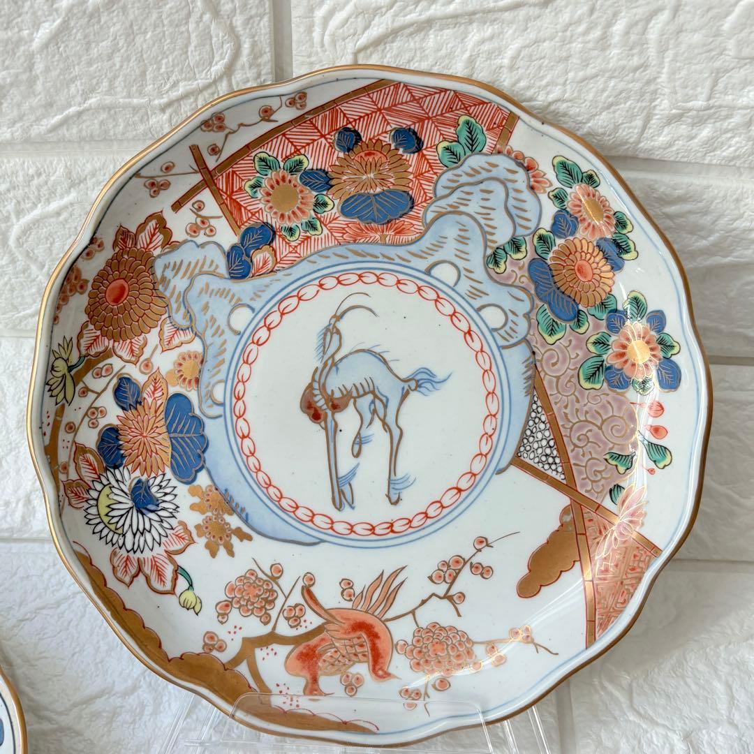古伊万里　麒麟　キリン　年木谷窯　蒼峰作　鳥菊梅麒麟　盛り付け皿　4枚　金縁