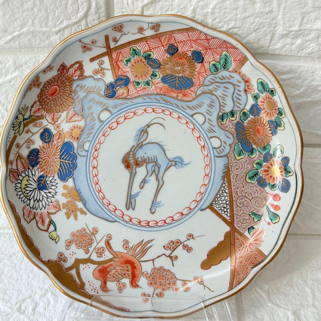 古伊万里　麒麟　キリン　年木谷窯　蒼峰作　鳥菊梅麒麟　盛り付け皿　4枚　金縁