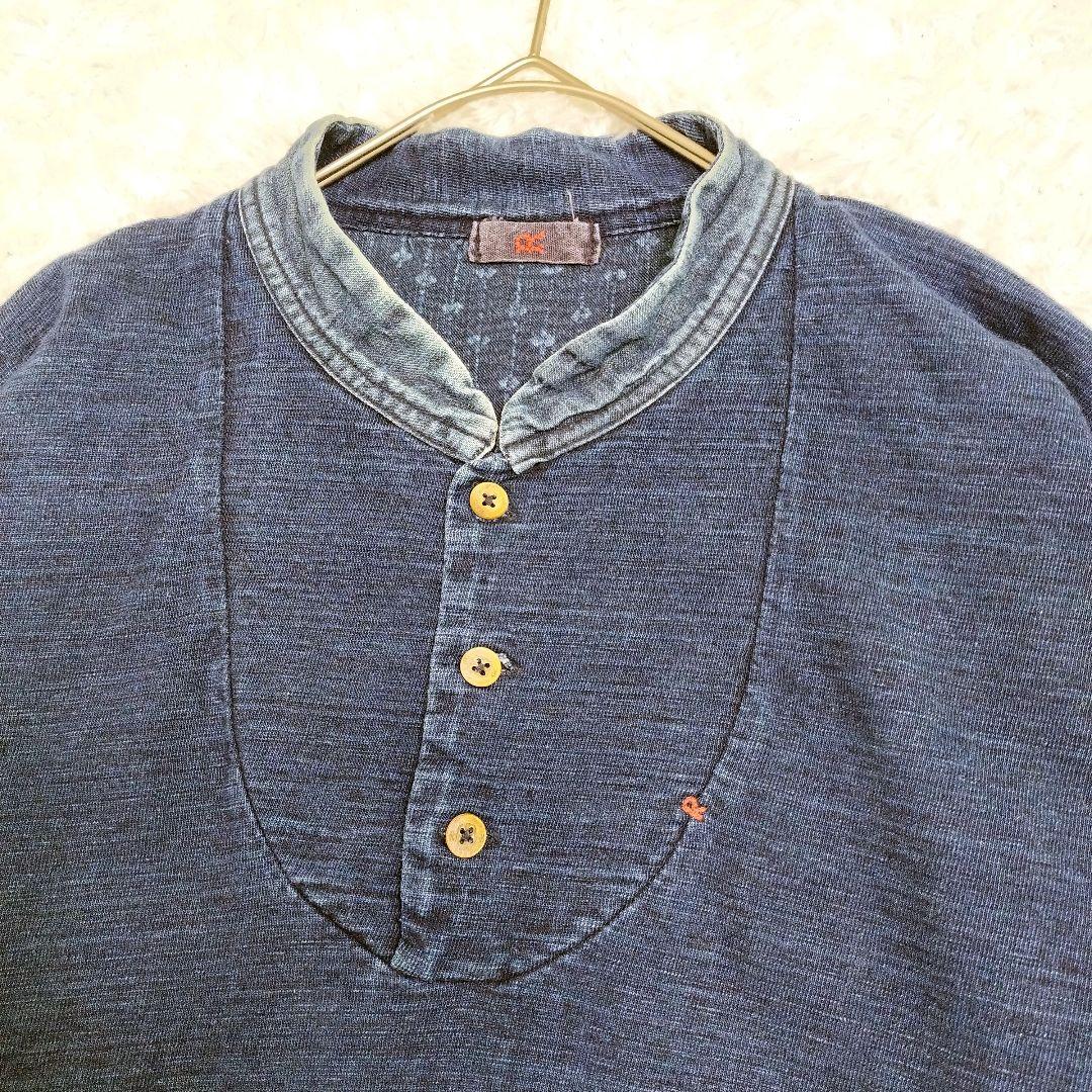 45rpm ロゴ刺繍 インディゴ 藍染め トップス　ヘンリーネック 長袖　L