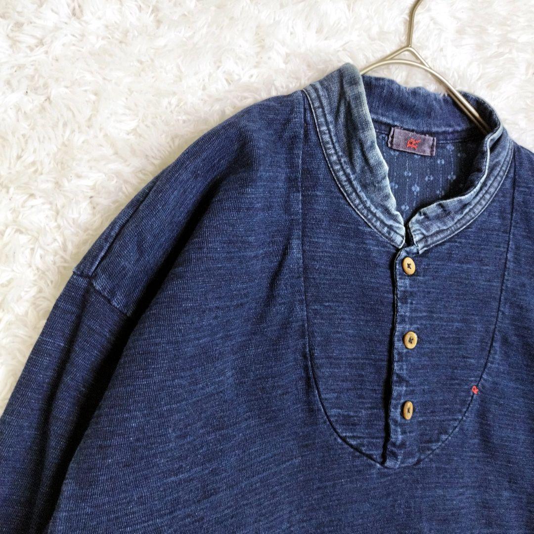 45rpm ロゴ刺繍 インディゴ 藍染め トップス　ヘンリーネック 長袖　L