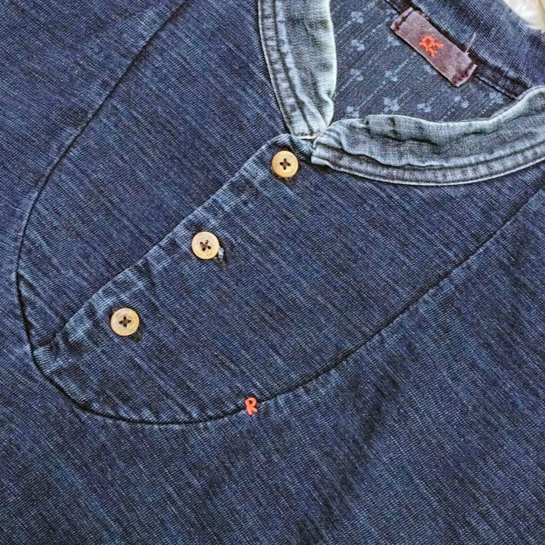 45rpm ロゴ刺繍 インディゴ 藍染め トップス　ヘンリーネック 長袖　L
