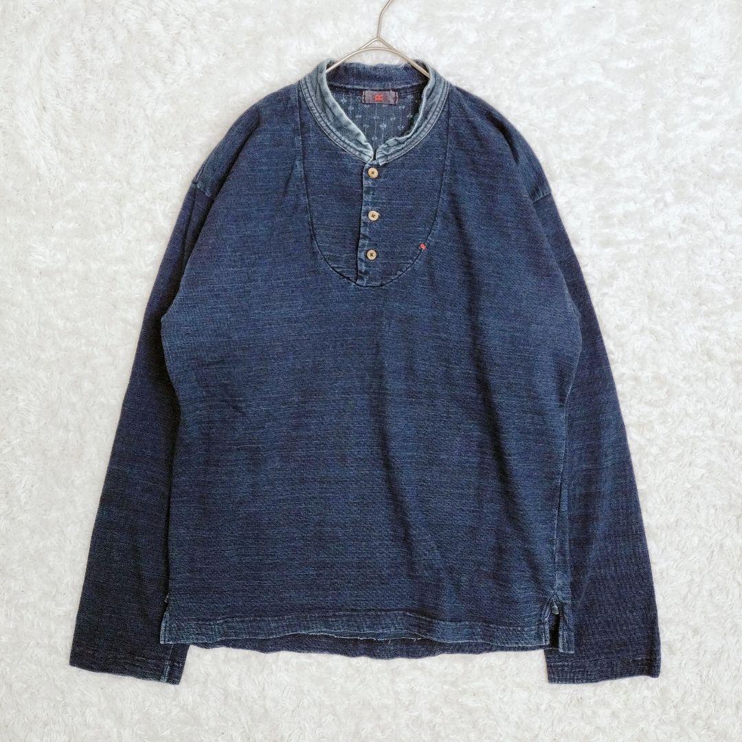 45rpm ロゴ刺繍 インディゴ 藍染め トップス　ヘンリーネック 長袖　L