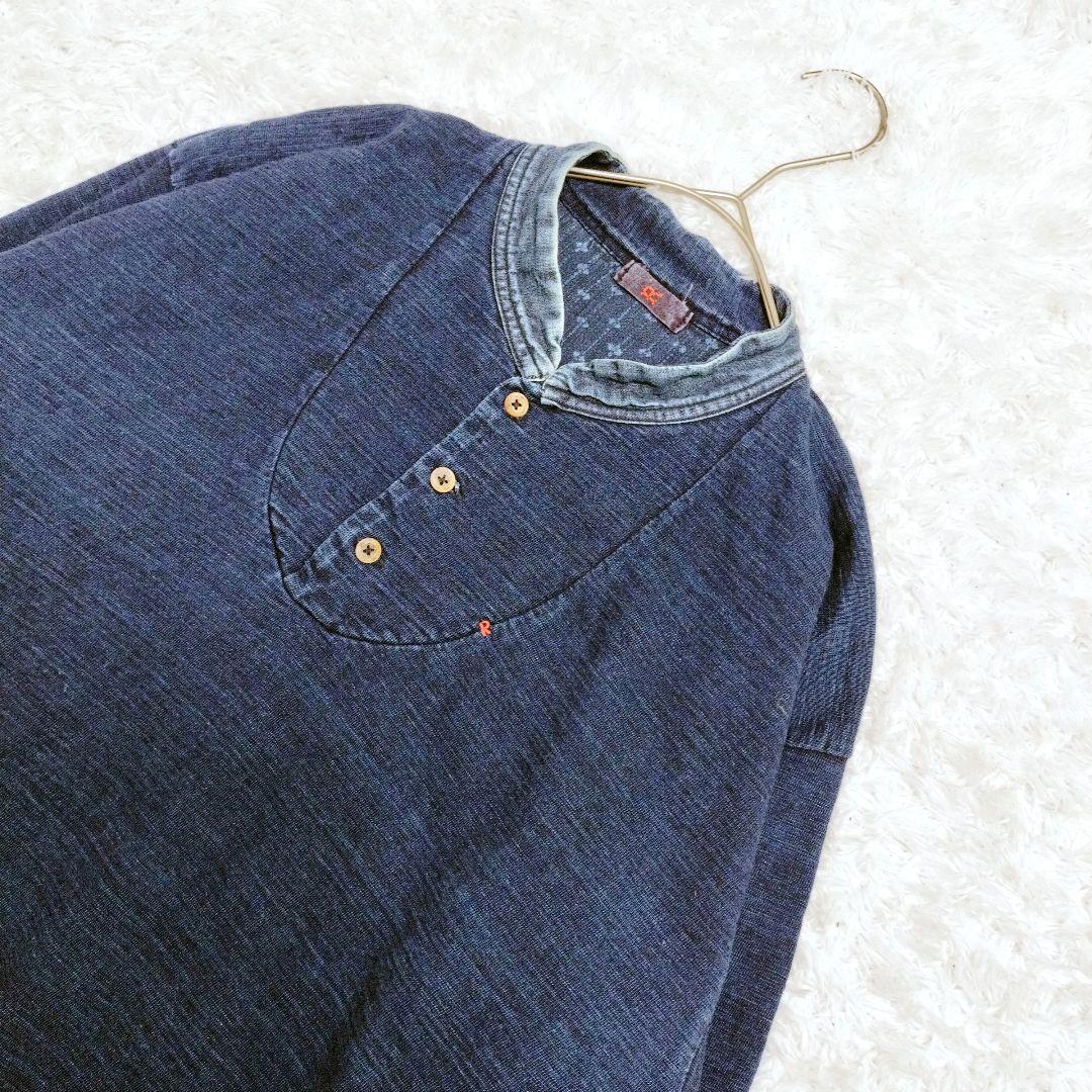 45rpm ロゴ刺繍 インディゴ 藍染め トップス　ヘンリーネック 長袖　L