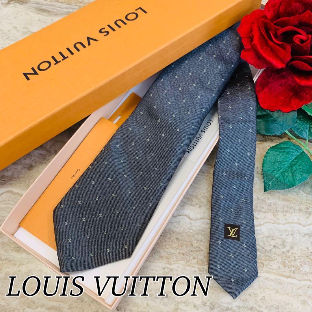 N7 美品 ルイヴィトン ロゴ総柄 モノグラム グレー ネクタイ メンズ