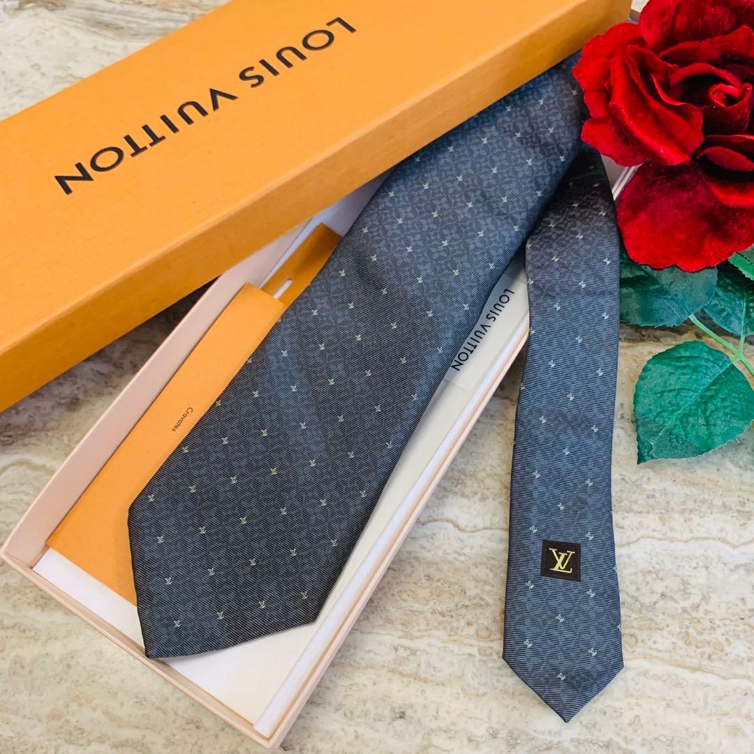 N7 美品 ルイヴィトン ロゴ総柄 モノグラム グレー ネクタイ メンズ
