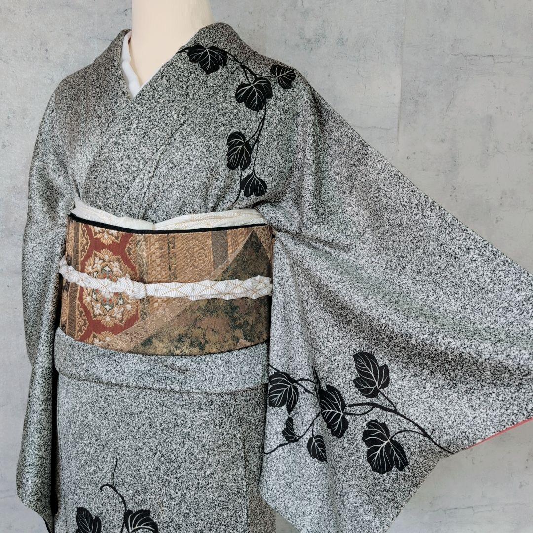 訪問着　フルセット　着物　正絹　たたき染め　白黒　モノトーン　シック　蔦　F5