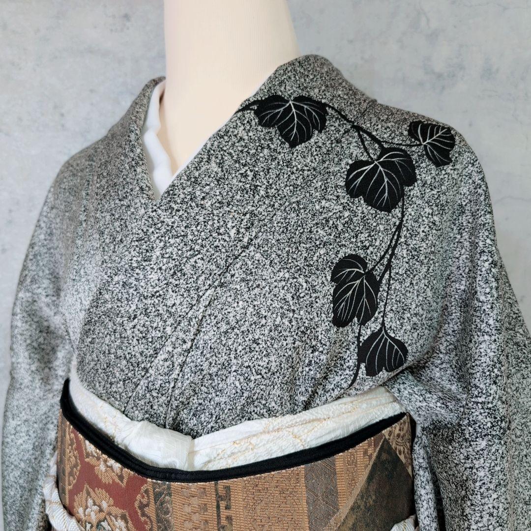 訪問着　フルセット　着物　正絹　たたき染め　白黒　モノトーン　シック　蔦　F5