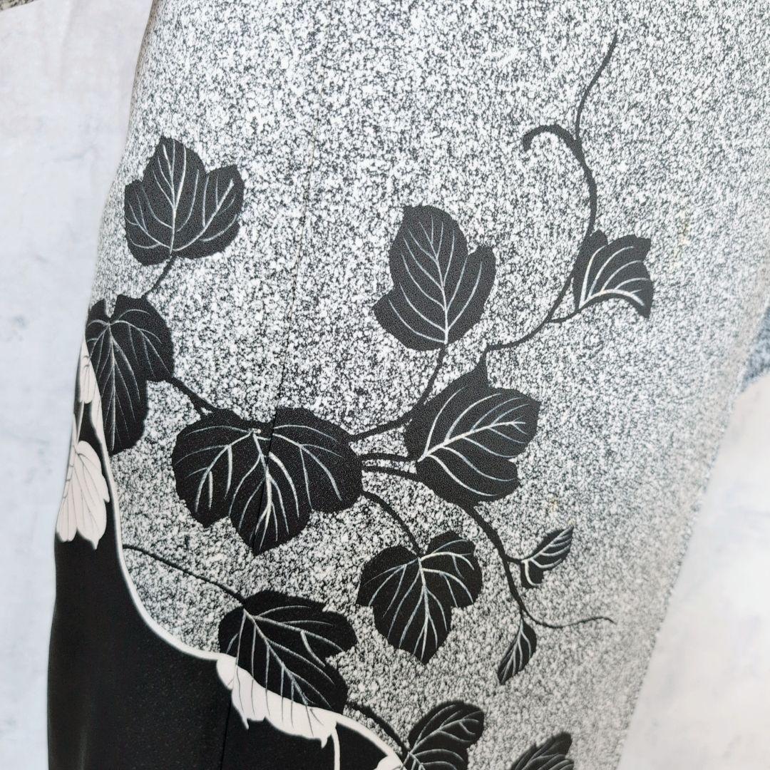 訪問着　フルセット　着物　正絹　たたき染め　白黒　モノトーン　シック　蔦　F5