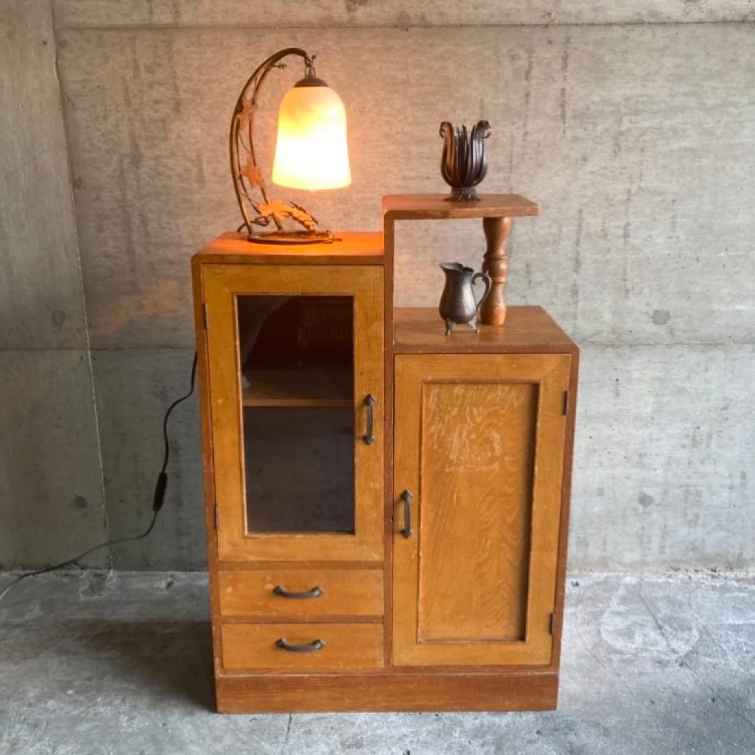 古いキャビネット ラック 飾り棚 違い棚 引き出し 扉 台 収納 木製 レトロ