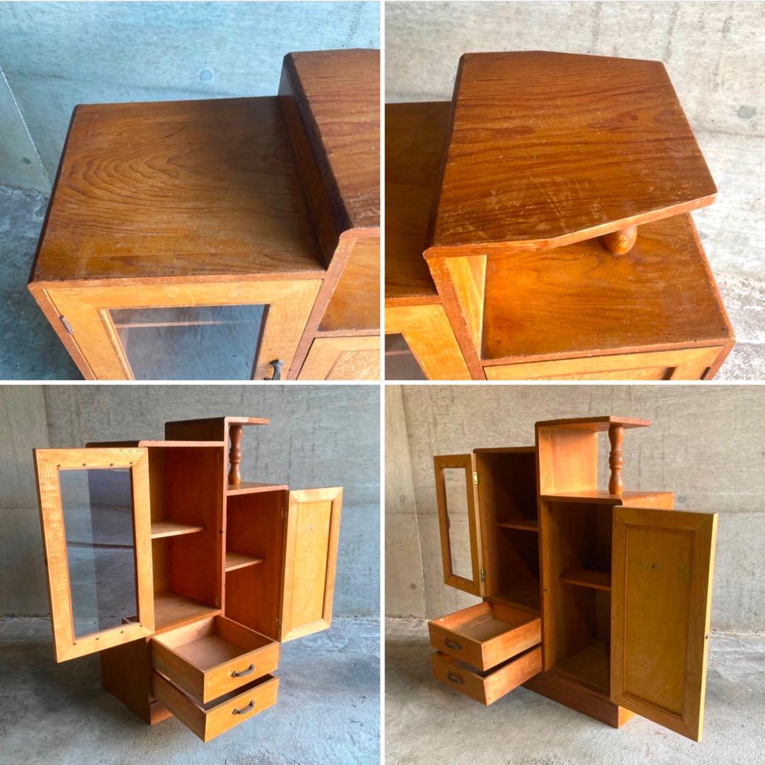 古いキャビネット ラック 飾り棚 違い棚 引き出し 扉 台 収納 木製 レトロ