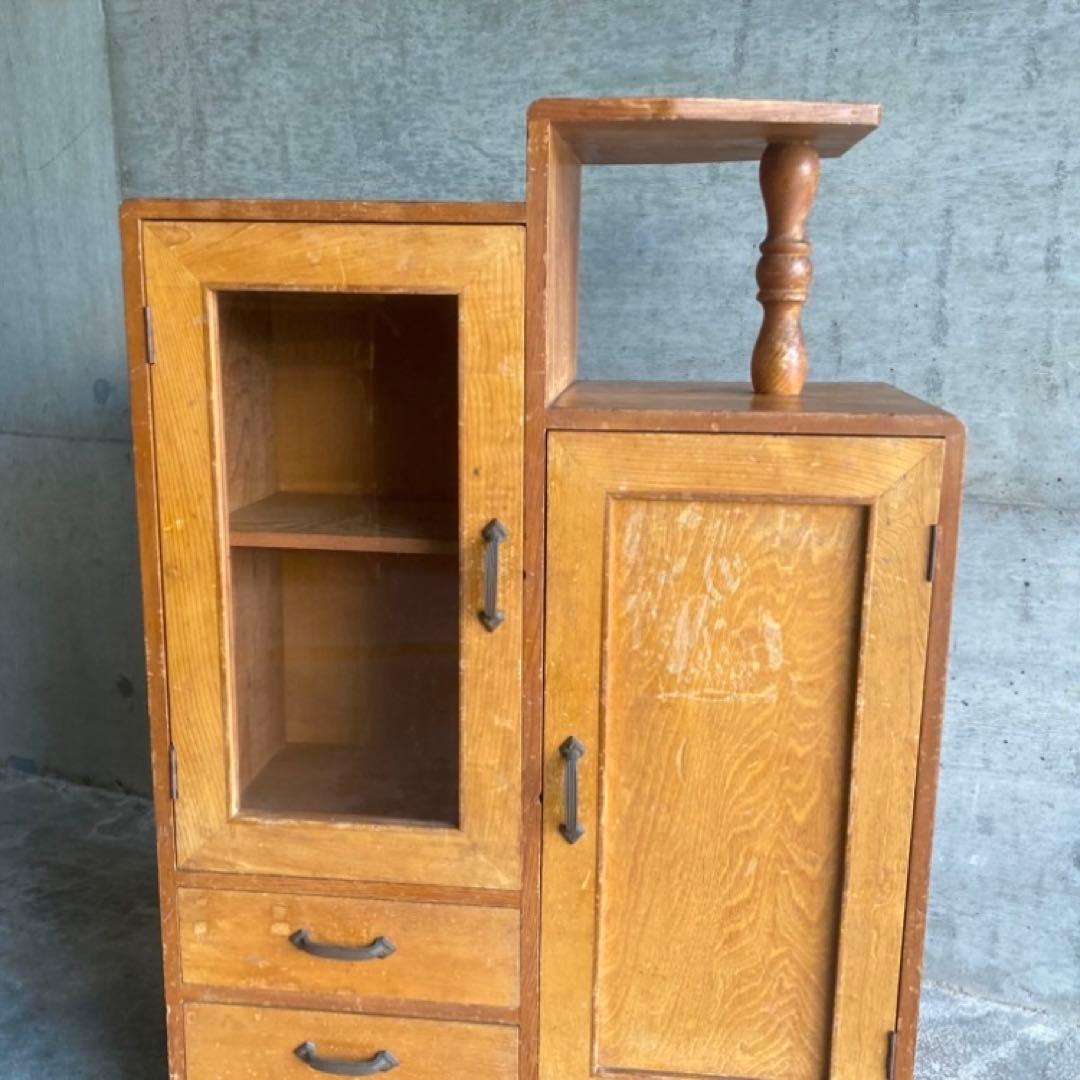 古いキャビネット ラック 飾り棚 違い棚 引き出し 扉 台 収納 木製 レトロ