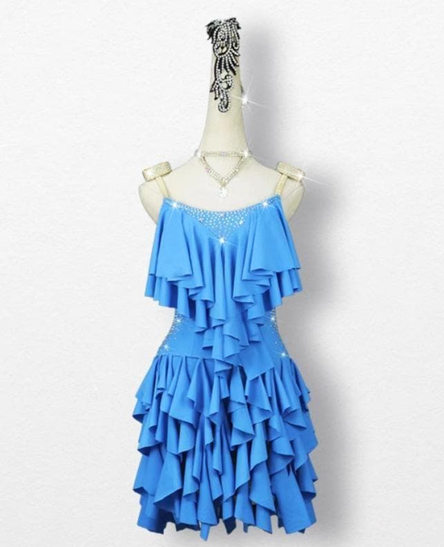 新品未使用 社交ダンス衣装 ラテンワンピースドレス 空ブルー オーダーメイド