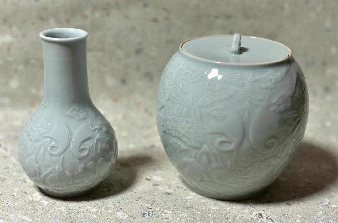 値下げ、青華白磁陰陽刻　皆具【極上品】　共箱/お茶道具