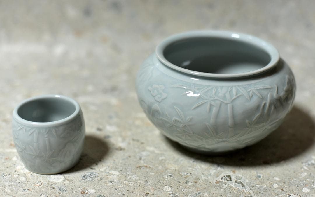 値下げ、青華白磁陰陽刻　皆具【極上品】　共箱/お茶道具