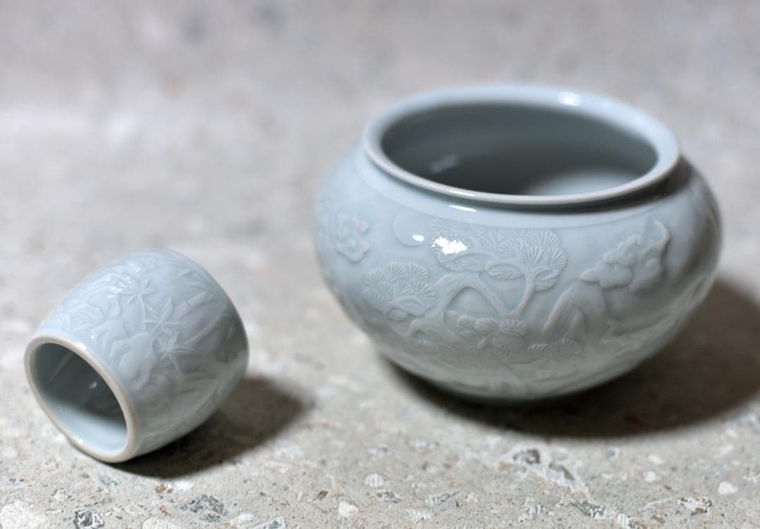 値下げ、青華白磁陰陽刻　皆具【極上品】　共箱/お茶道具