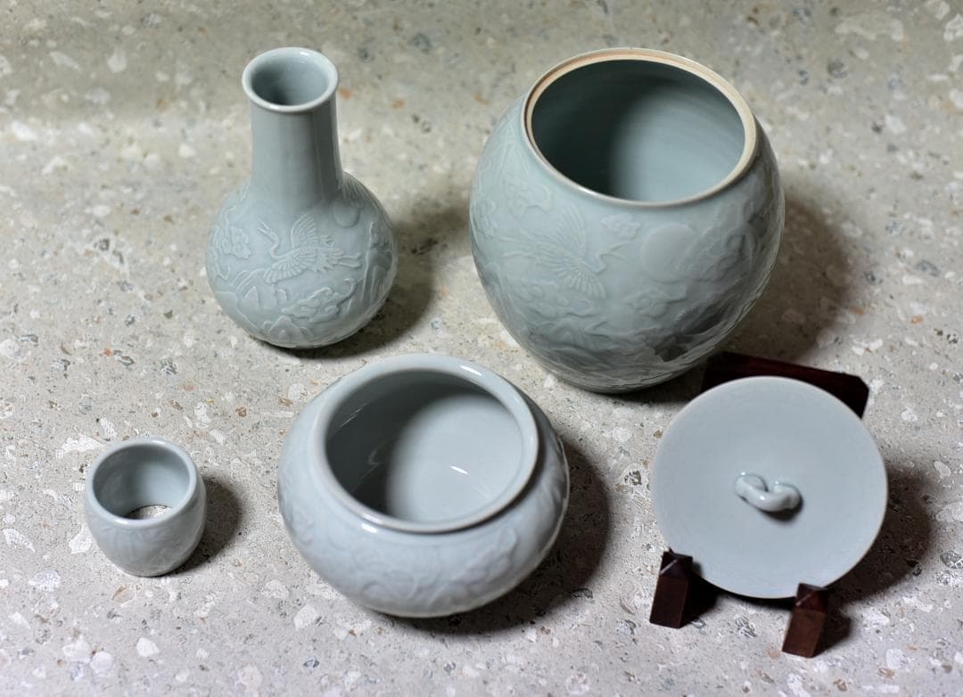 値下げ、青華白磁陰陽刻　皆具【極上品】　共箱/お茶道具