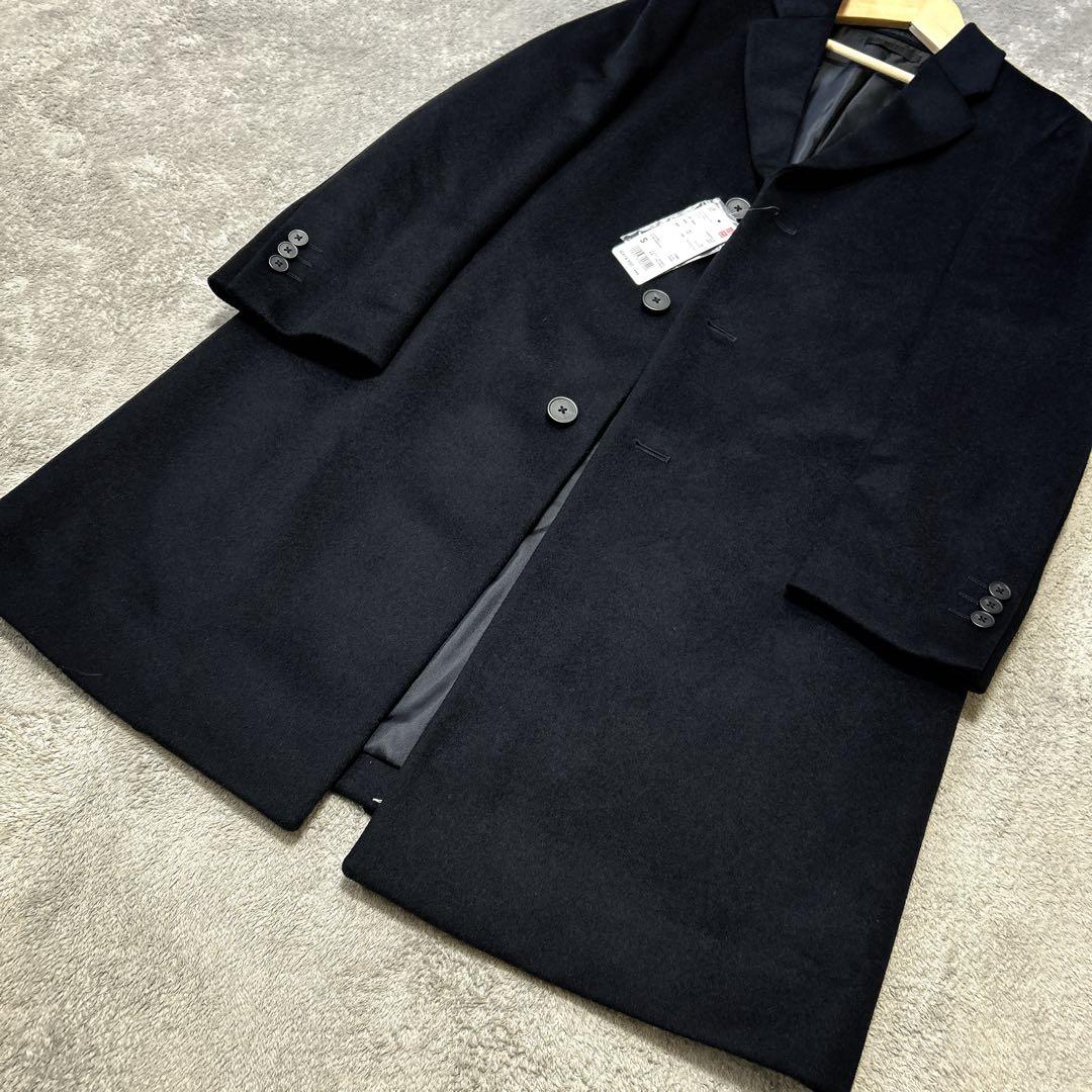 ユニクロUNIQLOブラックウールカシミヤ混メンズロングチェスターコート S
