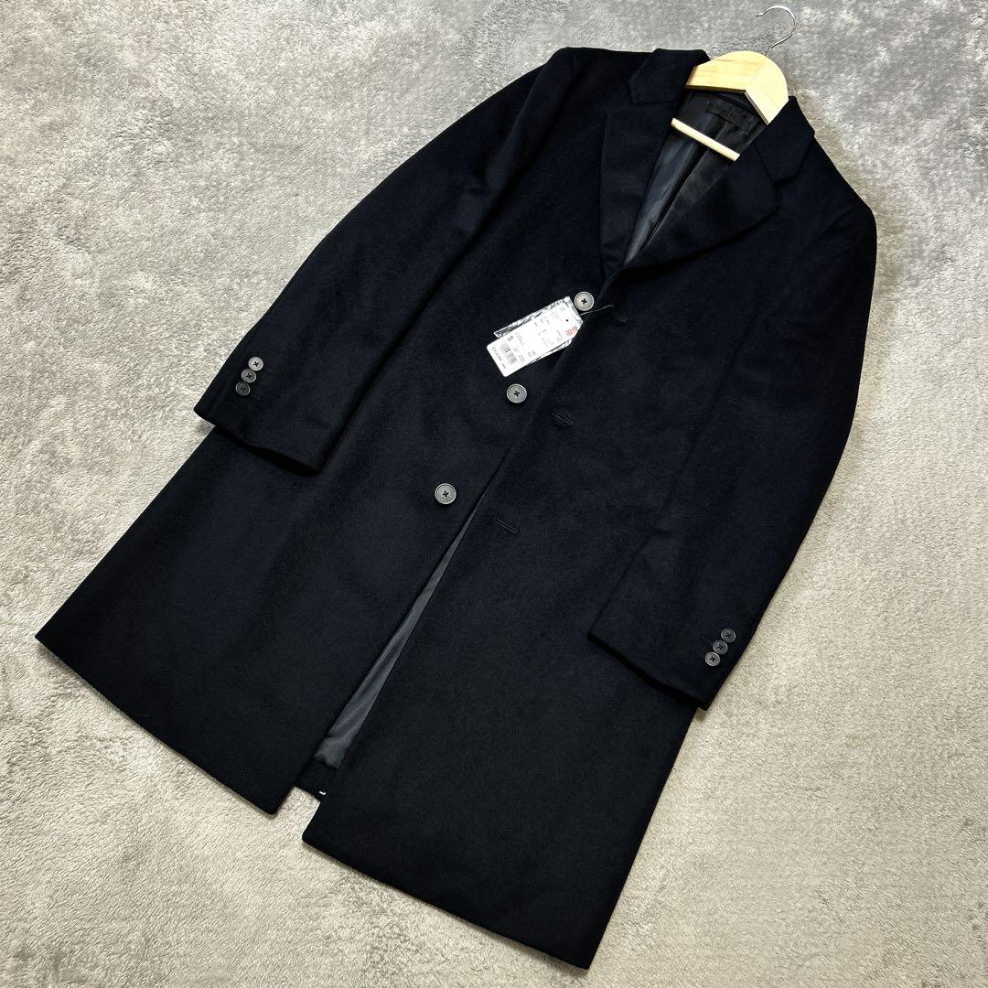 ユニクロUNIQLOブラックウールカシミヤ混メンズロングチェスターコート S