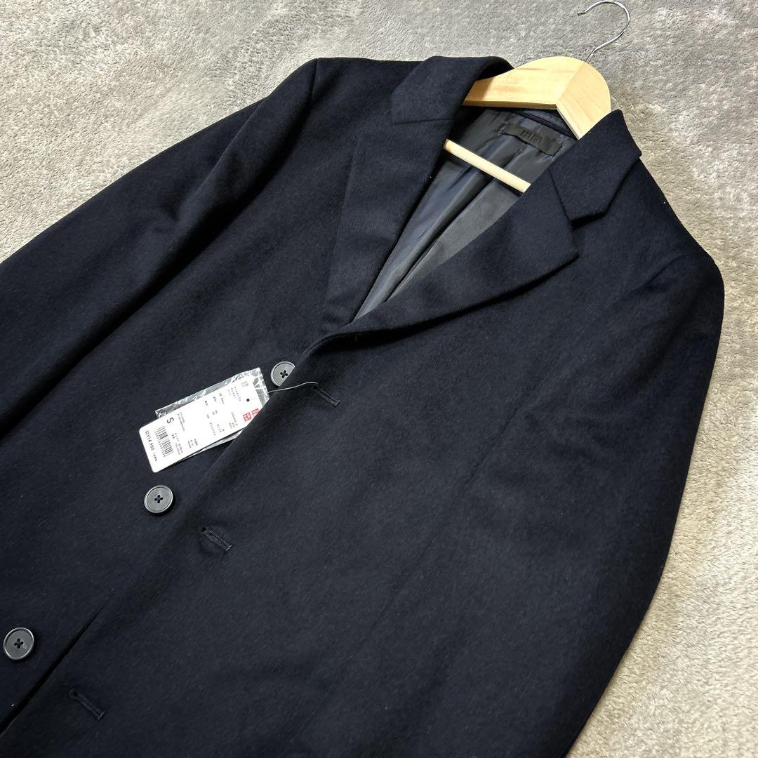 ユニクロUNIQLOブラックウールカシミヤ混メンズロングチェスターコート S