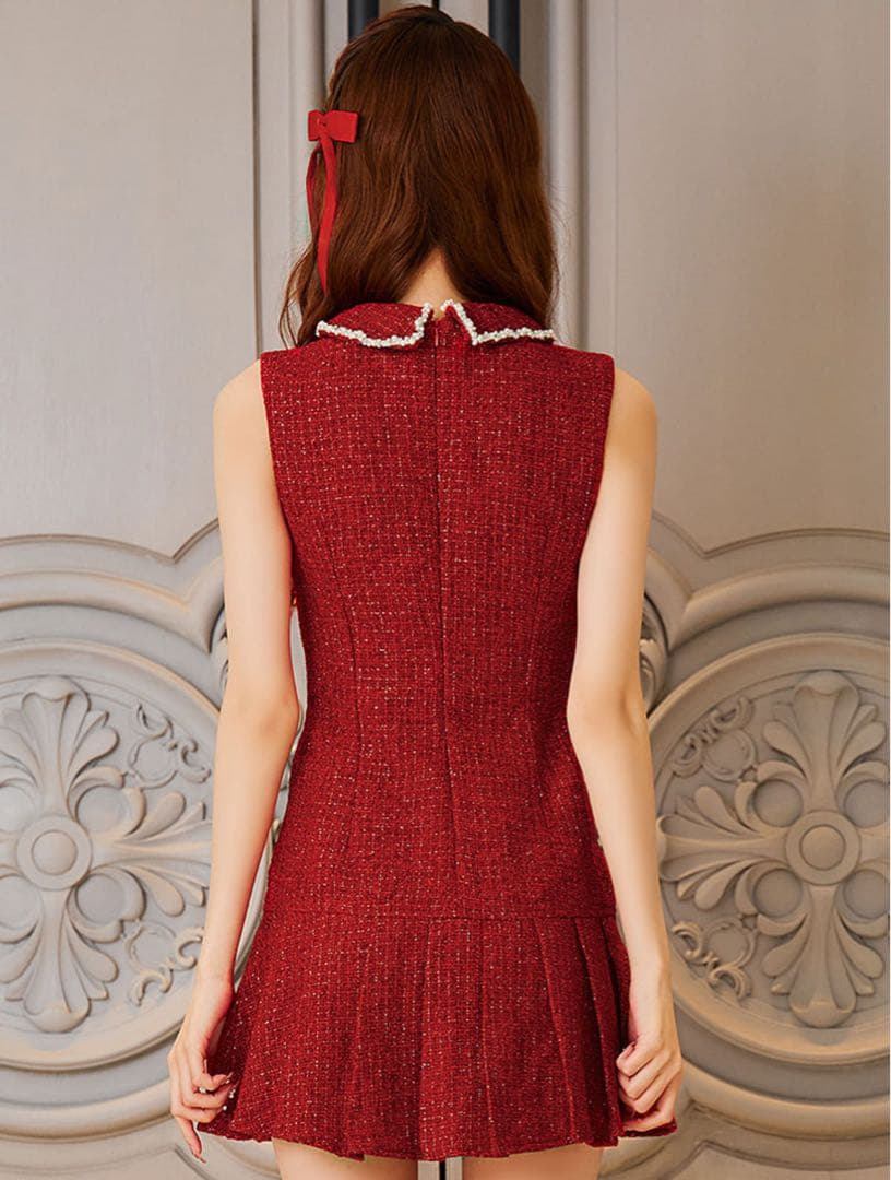 赤　レッド　キャバドレス　ミニドレス　ツイード　プリーツ　ノースリーブ　XS