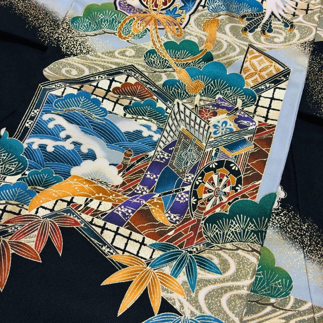 【新品未使用】お宮参り 産着 男の子 合繊 洗える着物 金彩入り 祝着 黒