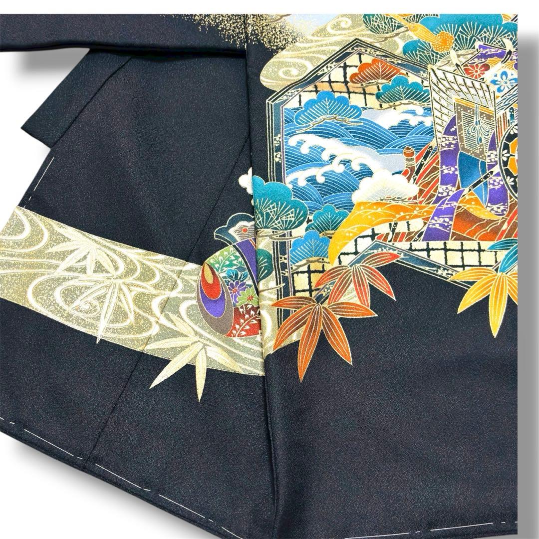 【新品未使用】お宮参り 産着 男の子 合繊 洗える着物 金彩入り 祝着 黒