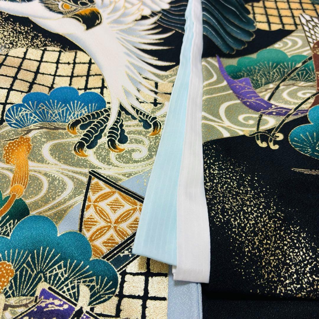 【新品未使用】お宮参り 産着 男の子 合繊 洗える着物 金彩入り 祝着 黒