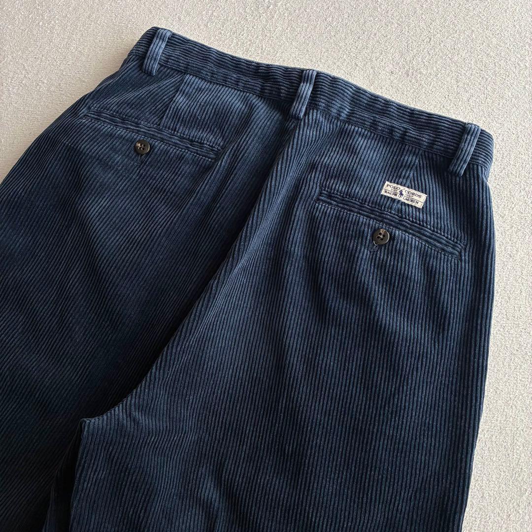 90s ポロラルフローレン 太畝コーデュロイ ツータックパンツ くすみネイビー