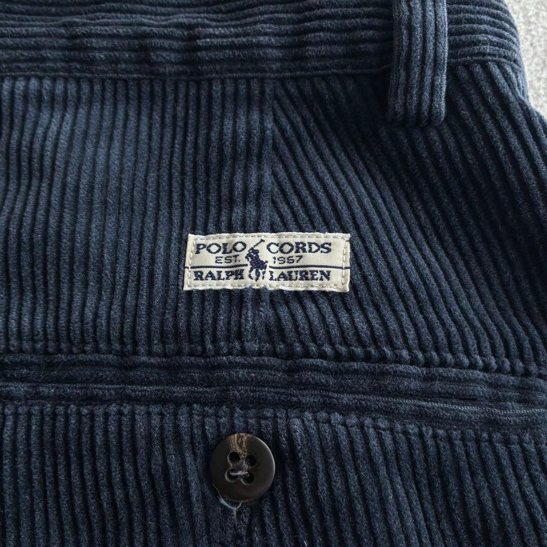 90s ポロラルフローレン 太畝コーデュロイ ツータックパンツ くすみネイビー