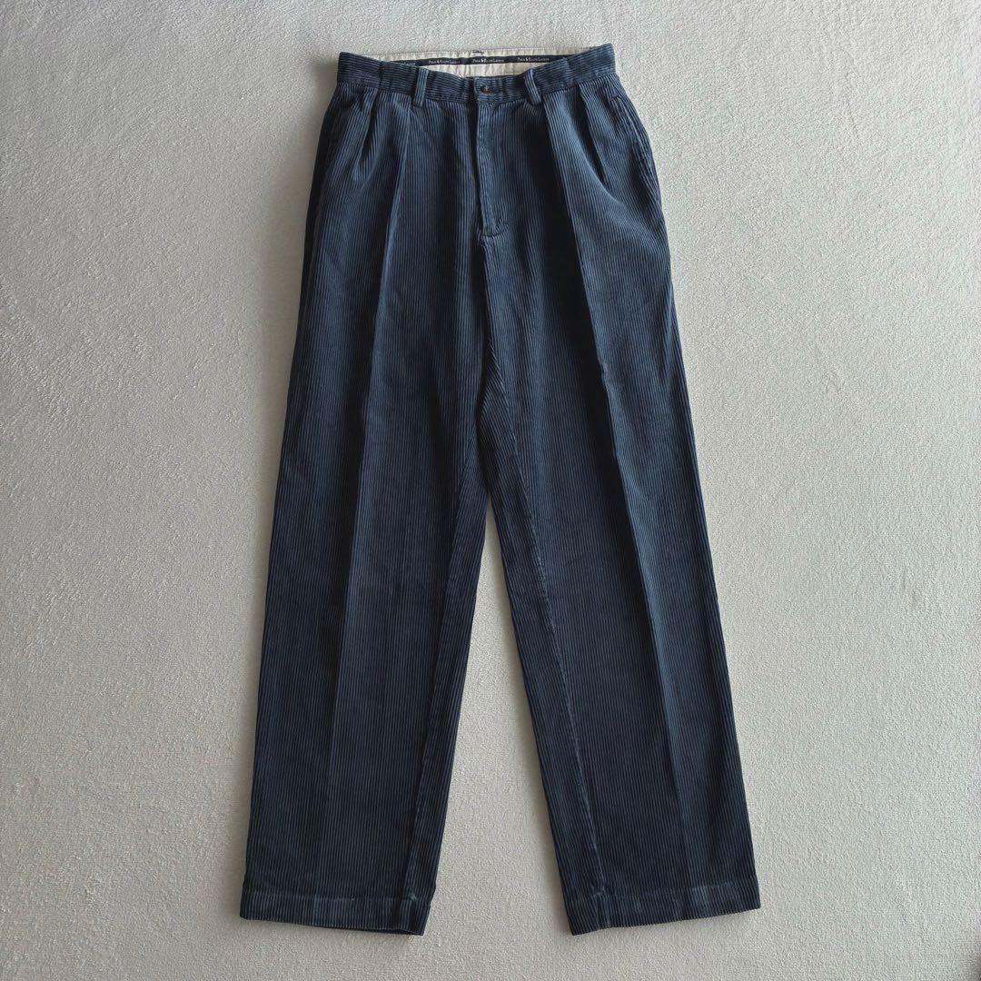 90s ポロラルフローレン 太畝コーデュロイ ツータックパンツ くすみネイビー