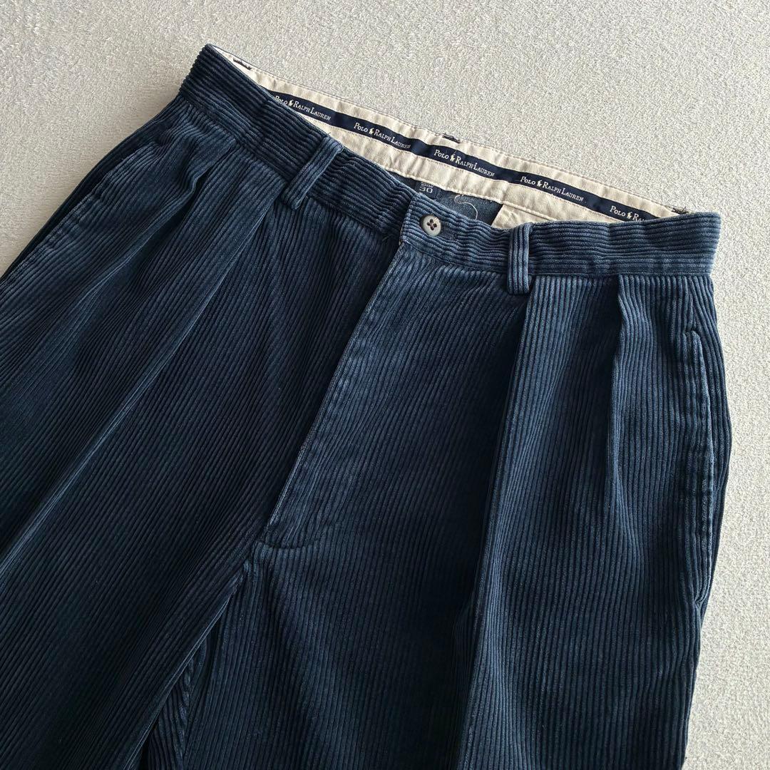 90s ポロラルフローレン 太畝コーデュロイ ツータックパンツ くすみネイビー