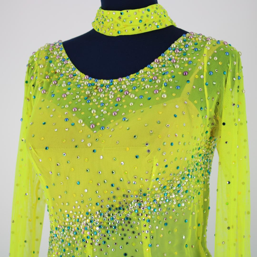 【美品 社交ダンス衣装】イエロー＆ブルー ワンピース ドレス スパンコール