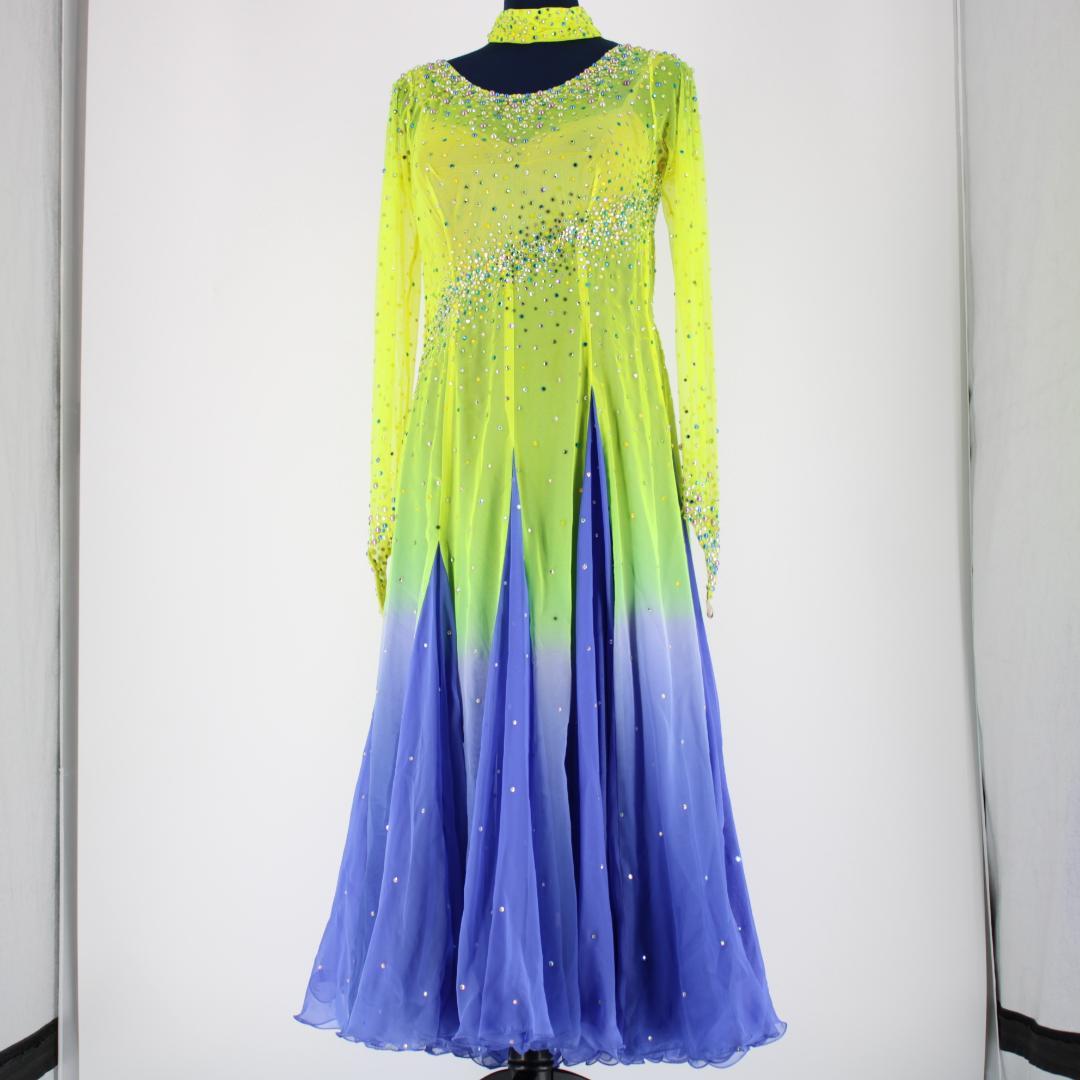 【美品 社交ダンス衣装】イエロー＆ブルー ワンピース ドレス スパンコール