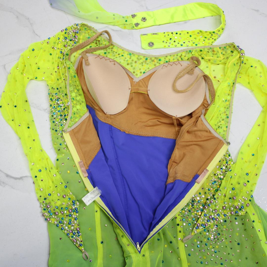 【美品 社交ダンス衣装】イエロー＆ブルー ワンピース ドレス スパンコール