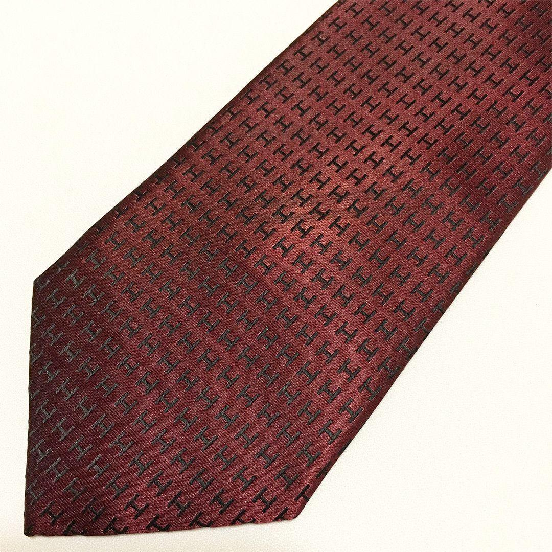 未使用級 H織りタイ ファソネH柄 エルメス HERMES ネクタイ ワイン
