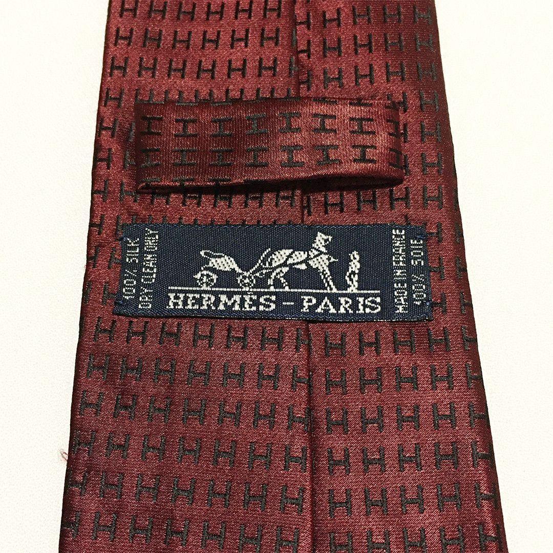 未使用級 H織りタイ ファソネH柄 エルメス HERMES ネクタイ ワイン