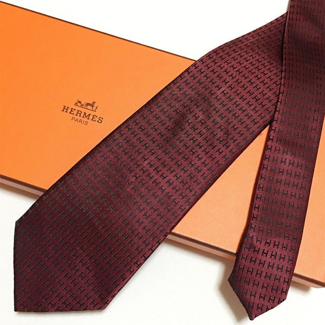 未使用級 H織りタイ ファソネH柄 エルメス HERMES ネクタイ ワイン