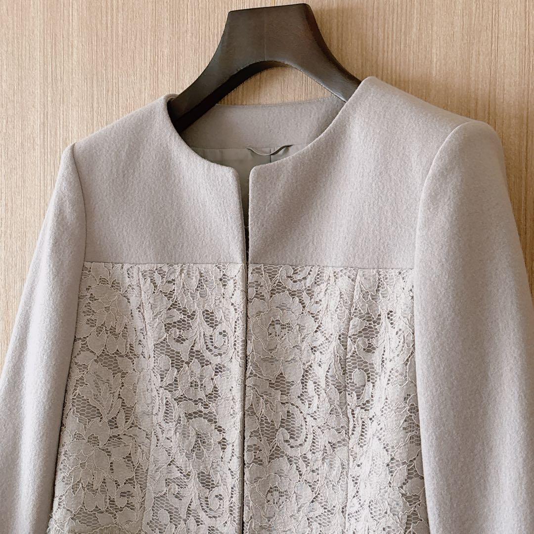 【1104】アナイ　天竺×レースモヘア刺繍ジャケット　ライトグレー　フォーマル