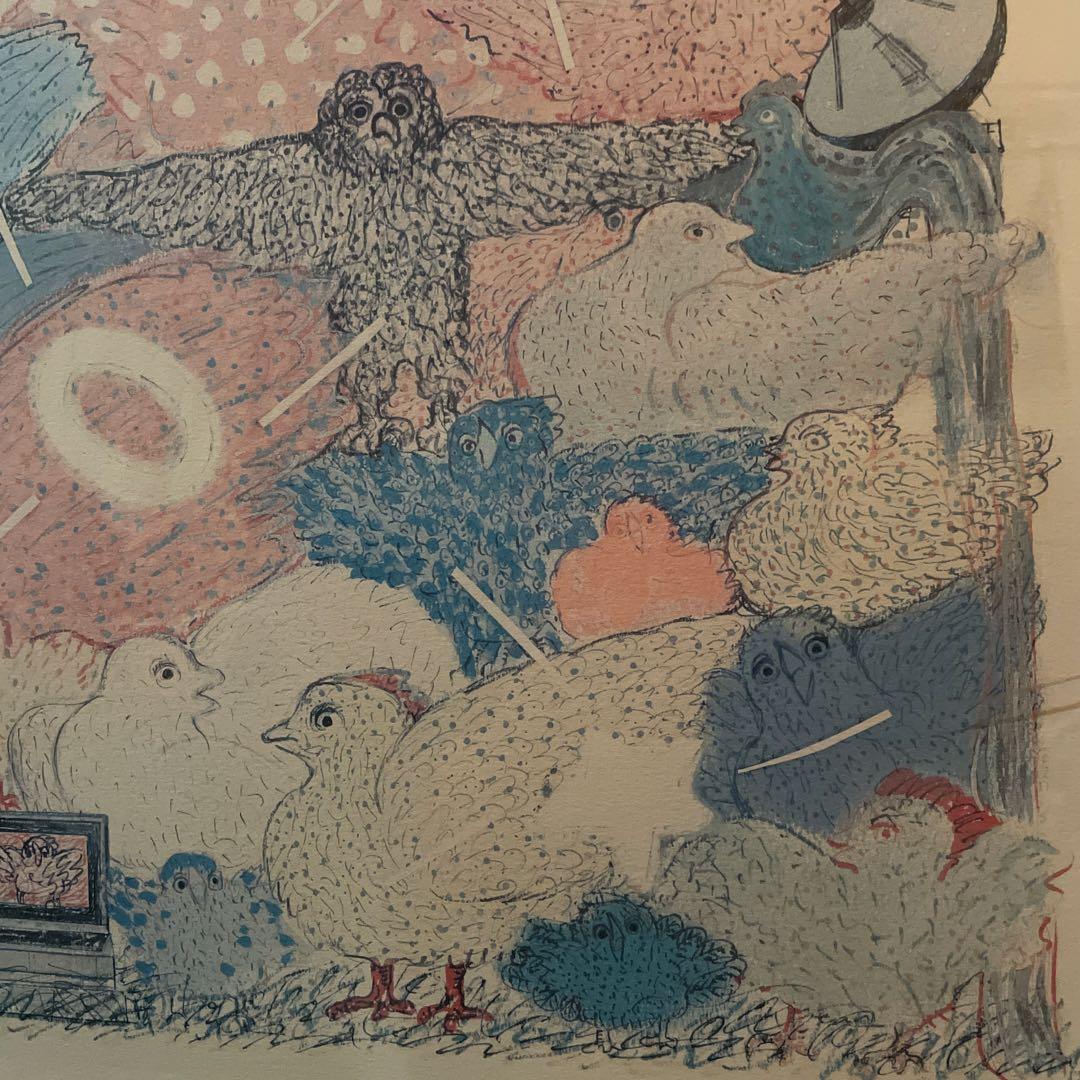 粟津潔 Awazu 「鳥たちとテレビ」 リトグラフ直筆サイン　真作　15/30部