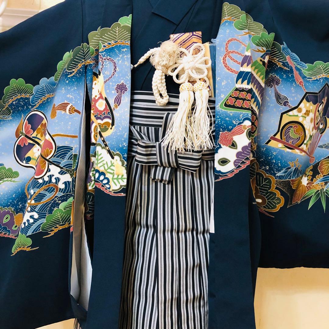 七五三五歳フルセット‼️人気黒地系⭐︎鷹凛々しい金彩煌びやか⭐︎袴縞スタイルアップ銘品