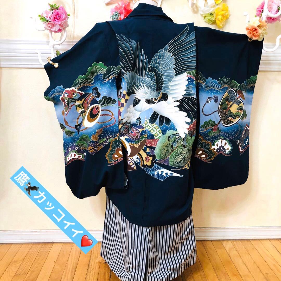 七五三五歳フルセット‼️人気黒地系⭐︎鷹凛々しい金彩煌びやか⭐︎袴縞スタイルアップ銘品